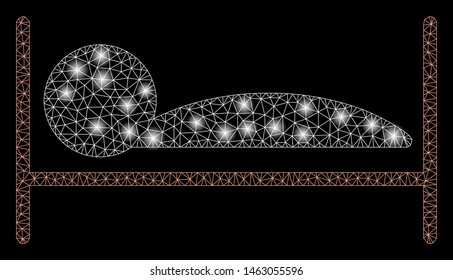 Flare mesh patient bed with glow effect. Abstract illuminated model of patient bed icon. Shiny wire carcass polygonal mesh patient bed. Vector abstraction on a black background.