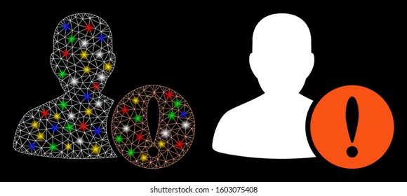 Flare mesh patient problem icon with glitter effect. Abstract illuminated model of patient problem. Shiny wire carcass polygonal mesh patient problem icon. Vector abstraction on a black background.