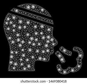 Flare mesh patient sneeze with glare effect. Abstract illuminated model of patient sneeze icon. Shiny wire carcass polygonal mesh patient sneeze. Vector abstraction on a black background.