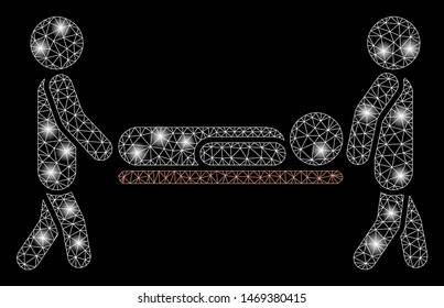 Flare mesh patient stretcher with glare effect. Abstract illuminated model of patient stretcher icon. Shiny wire frame triangular mesh patient stretcher. Vector abstraction on a black background.