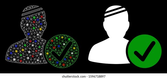 Flare mesh patient valid icon with glare effect. Abstract illuminated model of patient valid. Shiny wire frame polygonal mesh patient valid icon. Vector abstraction on a black background.