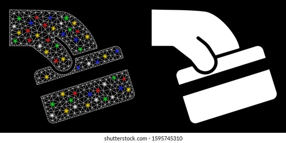 Flare mesh pay card icon with sparkle effect. Abstract illuminated model of pay card. Shiny wire carcass triangular network pay card icon. Vector abstraction on a black background.