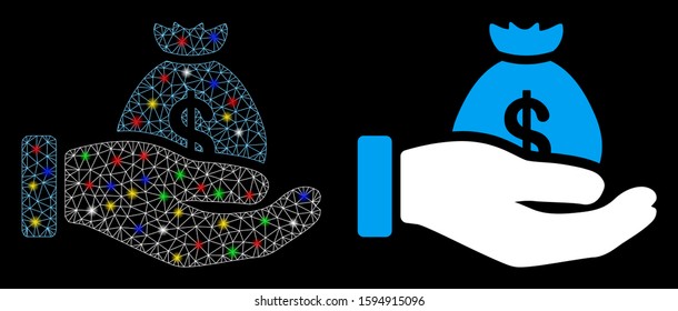 Flare mesh payment hand icon with glare effect. Abstract illuminated model of payment hand. Shiny wire carcass triangular network payment hand icon. Vector abstraction on a black background.