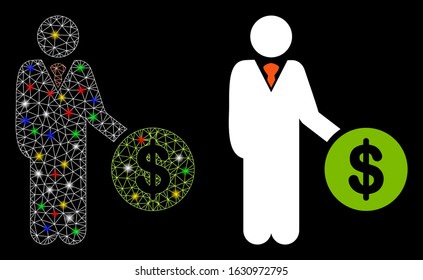 Flare mesh payment icon with lightspot effect. Abstract illuminated model of payment. Shiny wire frame triangular mesh payment icon. Vector abstraction on a black background.
