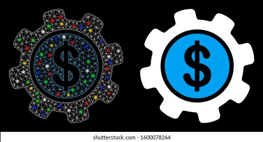 Flare mesh payment options gear icon with glare effect. Abstract illuminated model of payment options gear. Shiny wire frame polygonal mesh payment options gear icon.
