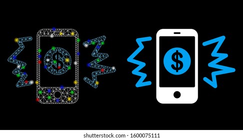 Flare mesh payment phone ring icon with sparkle effect. Abstract illuminated model of payment phone ring. Shiny wire frame triangular network payment phone ring icon.
