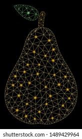 Flare mesh pear with glare effect. Abstract illuminated model of pear icon. Shiny wire frame triangular mesh pear. Vector abstraction on a black background.