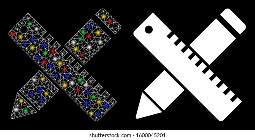 Flare mesh pen and ruler design tools icon with sparkle effect. Abstract illuminated model of pen and ruler design tools. Shiny wire carcass polygonal mesh pen and ruler design tools icon.