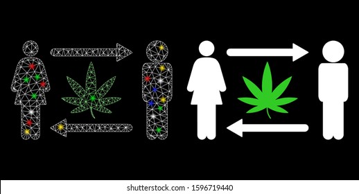 Flare mesh people exchange cannabis icon with glow effect. Abstract illuminated model of people exchange cannabis. Shiny wire carcass polygonal mesh people exchange cannabis icon.