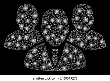 Flare mesh people group with lightspot effect. Abstract illuminated model of people group icon. Shiny wire carcass triangular mesh people group. Vector abstraction on a black background.