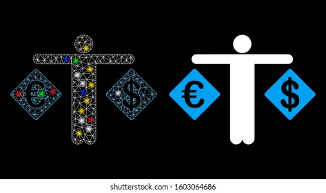 Flare mesh person compare Dollar and Euro icon with sparkle effect. Abstract illuminated model of person compare Dollar and Euro. Shiny wire frame polygonal mesh person compare Dollar and Euro icon.