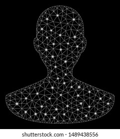 Flare mesh person with glitter effect. Abstract illuminated model of person icon. Shiny wire frame polygonal mesh person. Vector abstraction on a black background.