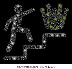 Flare mesh person steps to crown with glitter effect. Abstract illuminated model of person steps to crown icon. Shiny wire carcass polygonal mesh person steps to crown.