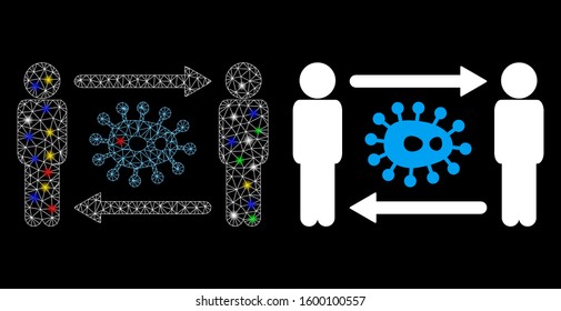 Flare mesh persons bacteria exchange icon with glitter effect. Abstract illuminated model of persons bacteria exchange. Shiny wire carcass triangular mesh persons bacteria exchange icon.