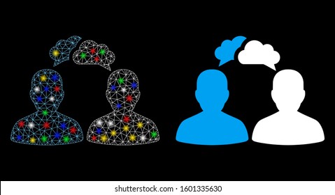 Flare mesh persons dialog icon with lightspot effect. Abstract illuminated model of persons dialog. Shiny wire frame polygonal mesh persons dialog icon. Vector abstraction on a black background.