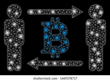 Flare mesh persons exchange Bitcoin with sparkle effect. Abstract illuminated model of persons exchange Bitcoin icon. Shiny wire carcass triangular network persons exchange Bitcoin.