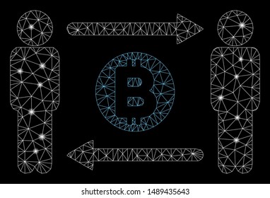 Flare mesh persons exchange Bitcoin with glare effect. Abstract illuminated model of persons exchange Bitcoin icon. Shiny wire carcass triangular mesh persons exchange Bitcoin.