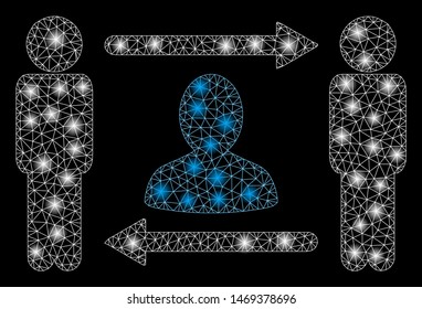 Flare mesh persons friend exchange with lightspot effect. Abstract illuminated model of persons friend exchange icon. Shiny wire carcass polygonal mesh persons friend exchange.