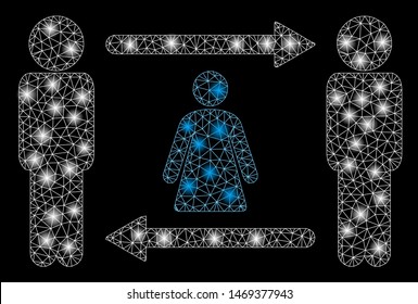 Flare mesh persons woman exchange with glow effect. Abstract illuminated model of persons woman exchange icon. Shiny wire frame triangular mesh persons woman exchange.