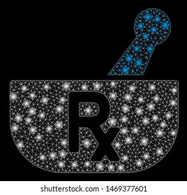 Flare mesh pharmacy mortar with glitter effect. Abstract illuminated model of pharmacy mortar icon. Shiny wire carcass triangular mesh pharmacy mortar. Vector abstraction on a black background.