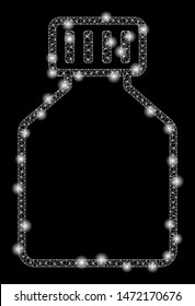 Flare mesh phial with glitter effect. Abstract illuminated model of phial icon. Shiny wire carcass polygonal mesh phial. Vector abstraction on a black background.