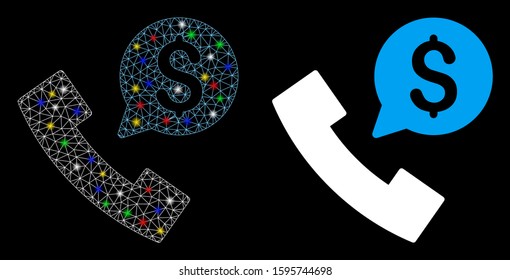 Flare mesh phone order icon with glitter effect. Abstract illuminated model of phone order. Shiny wire carcass polygonal network phone order icon. Vector abstraction on a black background.