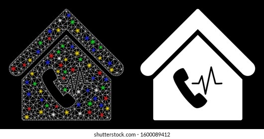 Flare mesh phone station building icon with glow effect. Abstract illuminated model of phone station building. Shiny wire frame polygonal mesh phone station building icon.
