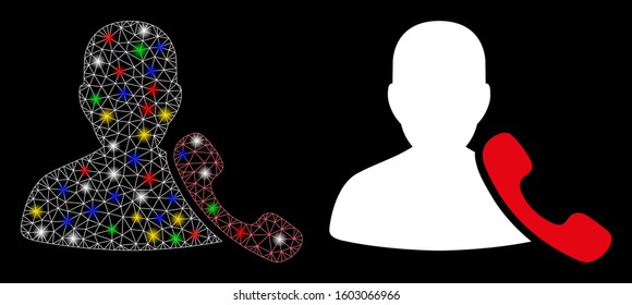 Flare mesh phone support icon with lightspot effect. Abstract illuminated model of phone support. Shiny wire frame triangular mesh phone support icon. Vector abstraction on a black background.