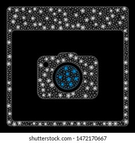 Flare mesh photo camera calendar page with sparkle effect. Abstract illuminated model of photo camera calendar page icon. Shiny wire carcass polygonal mesh photo camera calendar page.