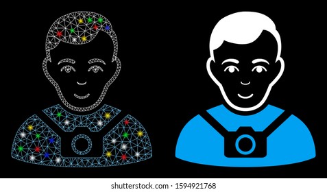 Flare mesh photographer icon with glitter effect. Abstract illuminated model of photographer. Shiny wire carcass polygonal mesh photographer icon. Vector abstraction on a black background.