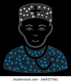 Flare mesh physician with glare effect. Abstract illuminated model of physician icon. Shiny wire carcass triangular network physician. Vector abstraction on a black background.