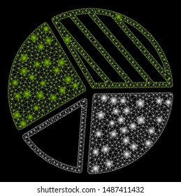 Flare mesh pie chart with glare effect. Abstract illuminated model of pie chart icon. Shiny wire carcass triangular network pie chart. Vector abstraction on a black background.
