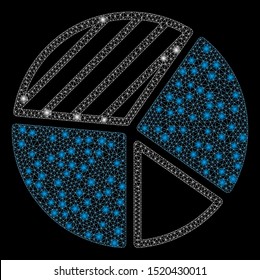 Flare mesh pie chart with glare effect. Abstract illuminated model of pie chart icon. Shiny wire carcass triangular mesh pie chart. Vector abstraction on a black background.