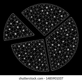 Flare mesh pie chart with glow effect. Abstract illuminated model of pie chart icon. Shiny wire frame triangular mesh pie chart. Vector abstraction on a black background.