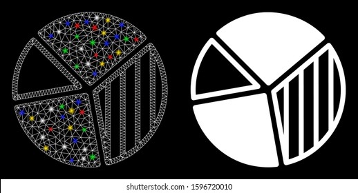 Flare mesh pie chart icon with sparkle effect. Abstract illuminated model of pie chart. Shiny wire carcass polygonal mesh pie chart icon. Vector abstraction on a black background.