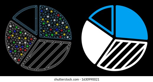 Flare mesh pie chart icon with glitter effect. Abstract illuminated model of pie chart. Shiny wire carcass triangular mesh pie chart icon. Vector abstraction on a black background.