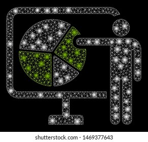Flare mesh pie chart public report with glare effect. Abstract illuminated model of pie chart public report icon. Shiny wire carcass triangular network pie chart public report.