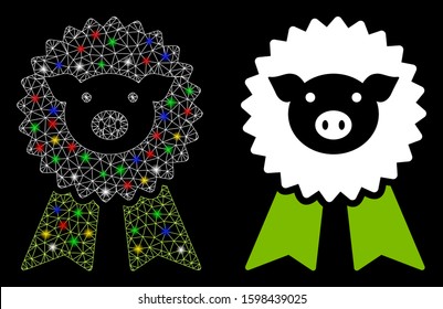 Flare mesh pig award seal icon with glow effect. Abstract illuminated model of pig award seal. Shiny wire carcass triangular mesh pig award seal icon. Vector abstraction on a black background.