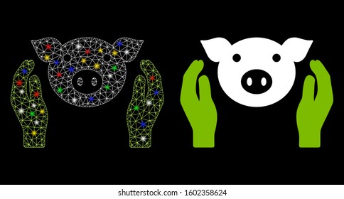 Flare mesh pig care hands icon with glow effect. Abstract illuminated model of pig care hands. Shiny wire carcass polygonal mesh pig care hands icon. Vector abstraction on a black background.