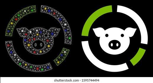 Flare mesh pig diagram icon with sparkle effect. Abstract illuminated model of pig diagram. Shiny wire frame triangular mesh pig diagram icon. Vector abstraction on a black background.