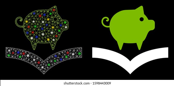 Flare mesh pig knowledge icon with glitter effect. Abstract illuminated model of pig knowledge. Shiny wire carcass triangular mesh pig knowledge icon. Vector abstraction on a black background.