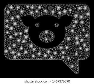 Flare mesh pig message with glare effect. Abstract illuminated model of pig message icon. Shiny wire carcass triangular mesh pig message. Vector abstraction on a black background.