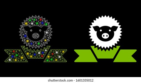 Flare mesh pig reward ribbon icon with glitter effect. Abstract illuminated model of pig reward ribbon. Shiny wire carcass triangular mesh pig reward ribbon icon.