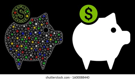 Flare mesh piggy bank icon with sparkle effect. Abstract illuminated model of piggy bank. Shiny wire carcass triangular network piggy bank icon. Vector abstraction on a black background.