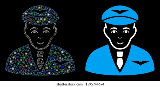 Flare mesh pilot icon with glitter effect. Abstract illuminated model of pilot. Shiny wire frame polygonal mesh pilot icon. Vector abstraction on a black background.