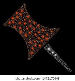 Flare mesh pin with glow effect. Abstract illuminated model of pin icon. Shiny wire carcass triangular mesh pin. Vector abstraction on a black background. Abstract 2d mesh built from triangular lines,