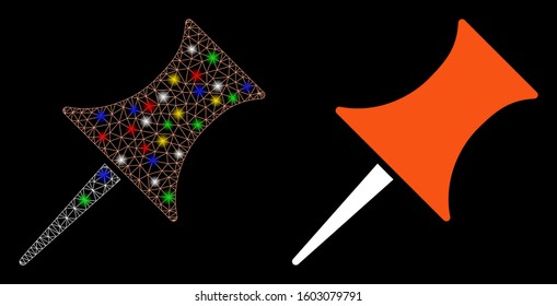 Flare mesh pin icon with sparkle effect. Abstract illuminated model of pin. Shiny wire carcass polygonal mesh pin icon. Vector abstraction on a black background.