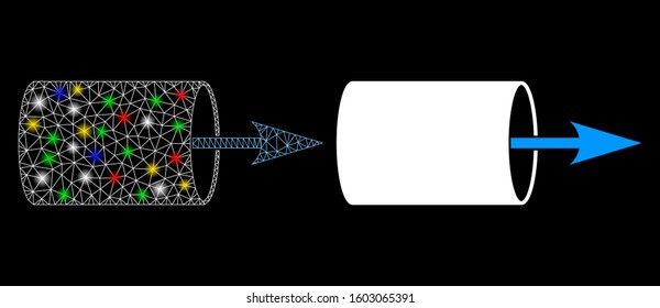 Flare mesh pipe direction icon with sparkle effect. Abstract illuminated model of pipe direction. Shiny wire frame polygonal mesh pipe direction icon. Vector abstraction on a black background.