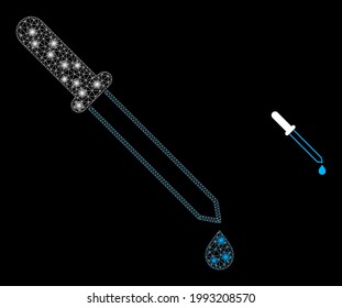 Flare mesh pipette with lightspots. Vector frame based on pipette icon. Glowing frame mesh pipette on a black background.