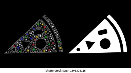 Flare mesh pizza piece icon with sparkle effect. Abstract illuminated model of pizza piece. Shiny wire frame polygonal mesh pizza piece icon. Vector abstraction on a black background.